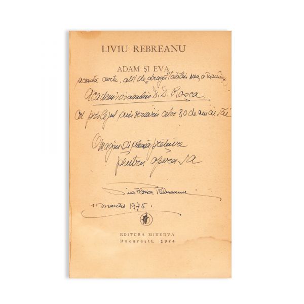 Liviu Rebreanu, Adam și Eva, 1974 + Ion, 1920, cu ex-libris și dedicație pentru D. D. Roșca