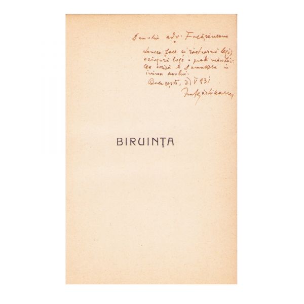 I. Agârbiceanu, Biruința, [1930], cu dedicație olografă