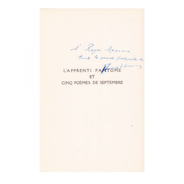 Ilarie Voronca, L'apprenti fantôme et cinq poèmes de septembre, 1938, ediție princeps, cu dedicație olografă