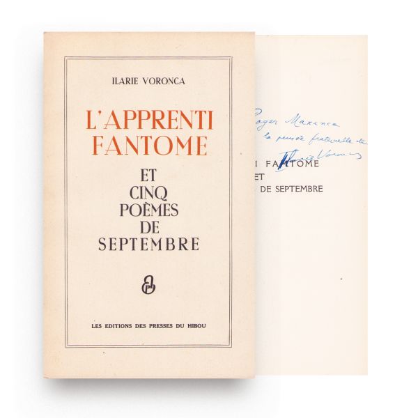 Ilarie Voronca, L'apprenti fantôme et cinq poèmes de septembre, 1938, ediție princeps, cu dedicație olografă