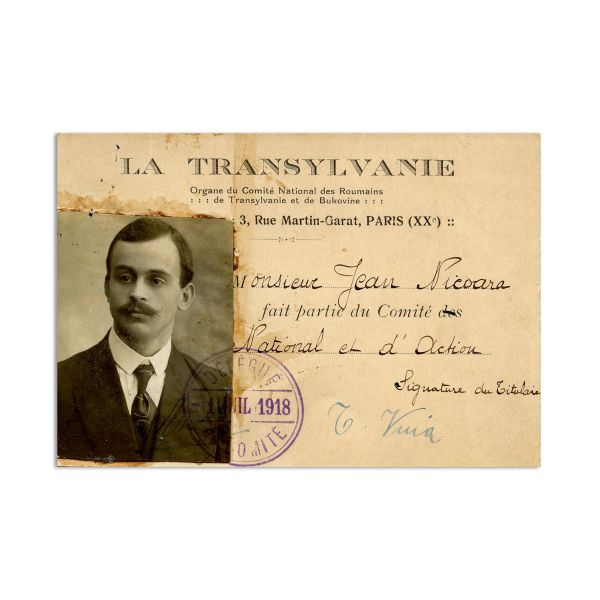 Legitimație de membru al Comitetului Naţional al Românilor din Transilvania și Bucovina, 1918, semnată olograf de Traian Vuia