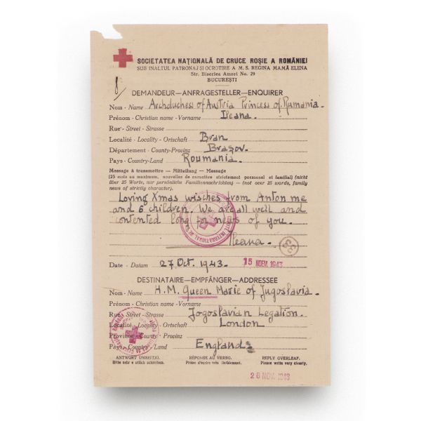 Ileana, Arhiducesa Austriei, mesaj transmis reginei Maria a Iugoslaviei, 27 octombrie 1943
