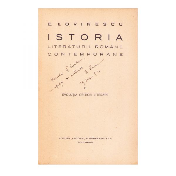 E. Lovinescu, Istoria literaturii române contemporane, Vol. II, cu dedicație pentru Ș. Cioculescu