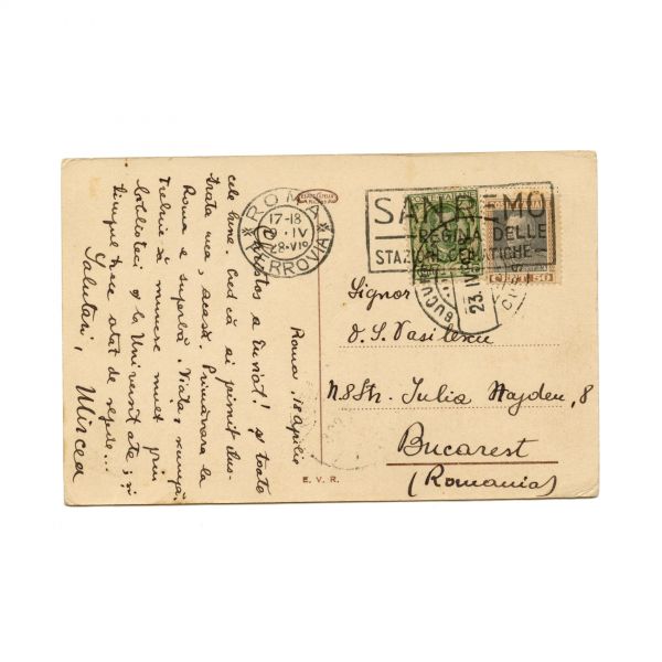 Mircea Eliade, carte poștală din Roma către O.S. Vasilescu, 18 Aprilie 1928