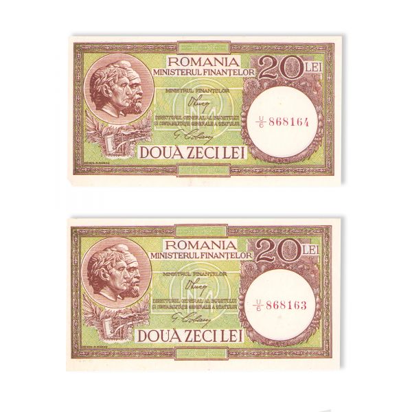 Două bancnote în valoare de 20 lei din 1947