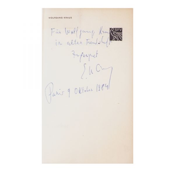 E. M. Cioran, Syllogismen der Bitterkeit - Silogismele amărăciunii, 1969, cu dedicație olografă