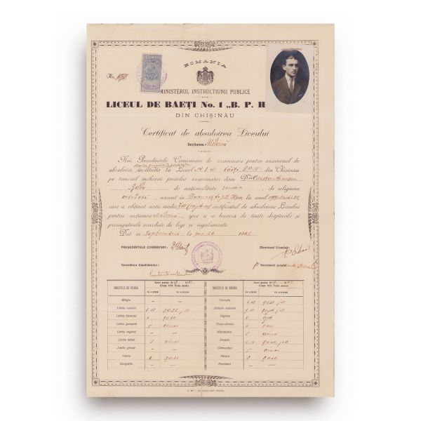 Certificat de absolvire a Liceului B. P. Hasdeu din Chișinău, 1920
