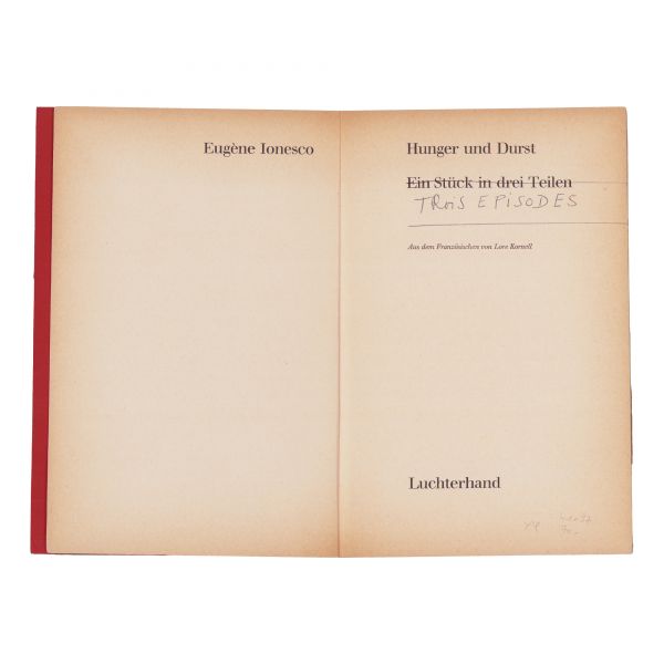 Eugène Ionesco, Hunger und Durst, 1964, cu amplă dedicație olografă