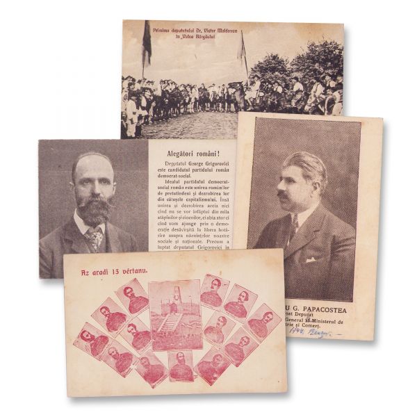 Candidați politici și monumentul celor 13 martiri din Arad, patru cărți poștale fotografice