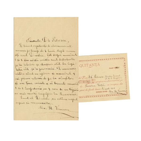 Alexandru St. Vernescu, chitanță și scrisoare pentru Ioan C. Petrescu, 1901
