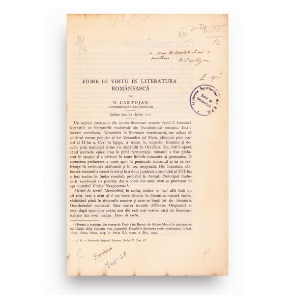 N. Cartojan, Fiore di virtù în literatura românească, 1928, cu dedicație olografă