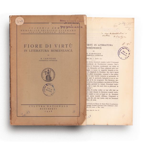 N. Cartojan, Fiore di virtù în literatura românească, 1928, cu dedicație olografă