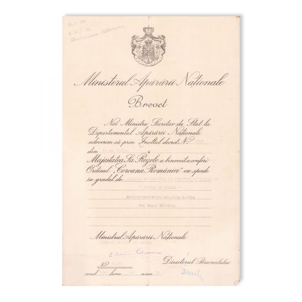 Jiga Niță, brevet + Ordinul „Coroana României” cu spade și panglică de „Virtutea Militară”, 1945