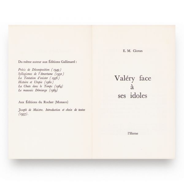 E. M. Cioran, Valéry face à ses idoles, 1970, cu dedicație pentru Paul Sérant
