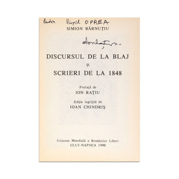 Simion Bărnuțiu, Discursul de la Blaj, 1990, cu semnătura lui Ion Rațiu