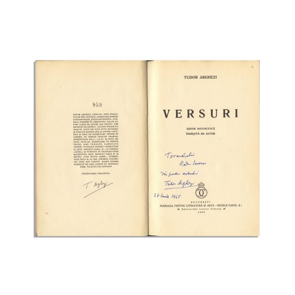 Tudor Arghezi, Versuri, 1936, exemplar bibliofil, cu dedicație olografă