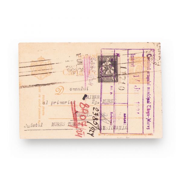 Ioan Focșăneanu și Ion Bulandra, carte poștală expediată primarului orașului Târgu Mureș, 11 iunie 1924