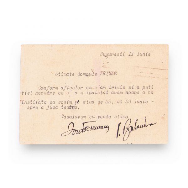 Ioan Focșăneanu și Ion Bulandra, carte poștală expediată primarului orașului Târgu Mureș, 11 iunie 1924
