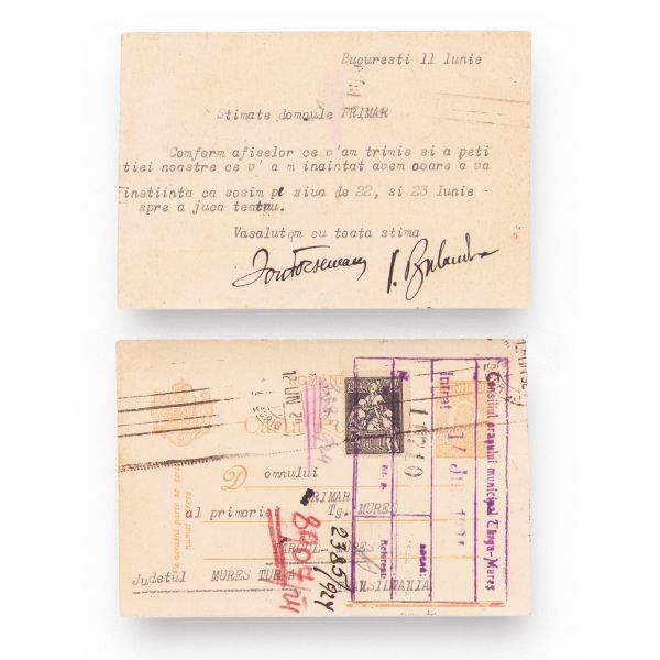 Ioan Focșăneanu și Ion Bulandra, carte poștală expediată primarului orașului Târgu Mureș, 11 iunie 1924