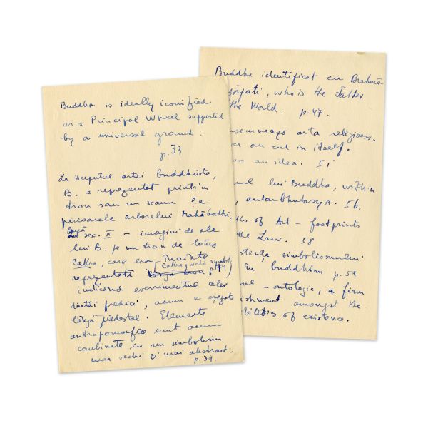 Mircea Eliade, note de lectură, două file manuscris
