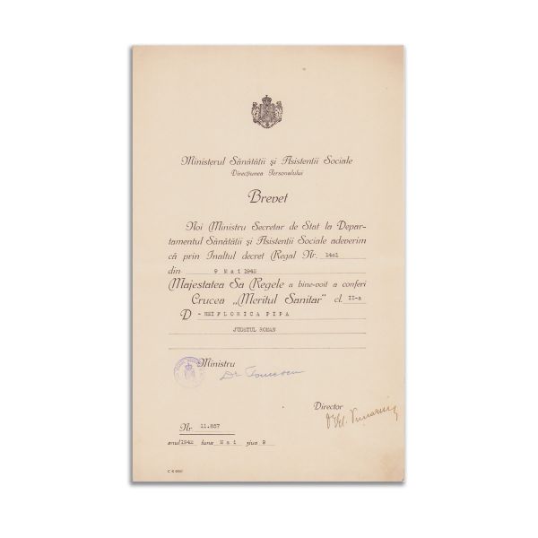 Florica Pipa, brevetul de acordare a Crucii „Meritul Sanitar”, clasa a II-a, 1942