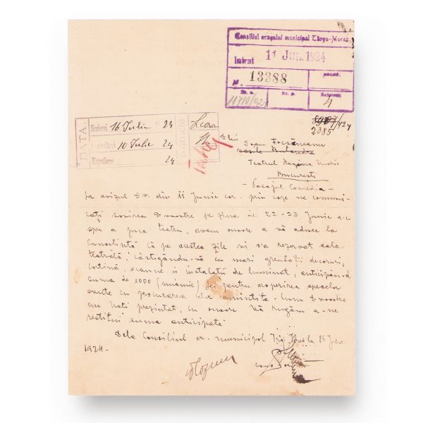 Tony Bulandra, scrisoare adresată primarului orașului Târgu Mureș privind un turneu, 2 iulie 1924