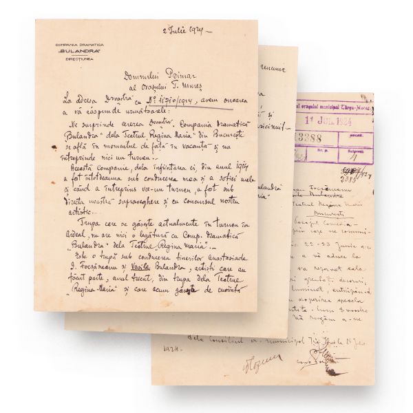 Tony Bulandra, scrisoare adresată primarului orașului Târgu Mureș privind un turneu, 2 iulie 1924