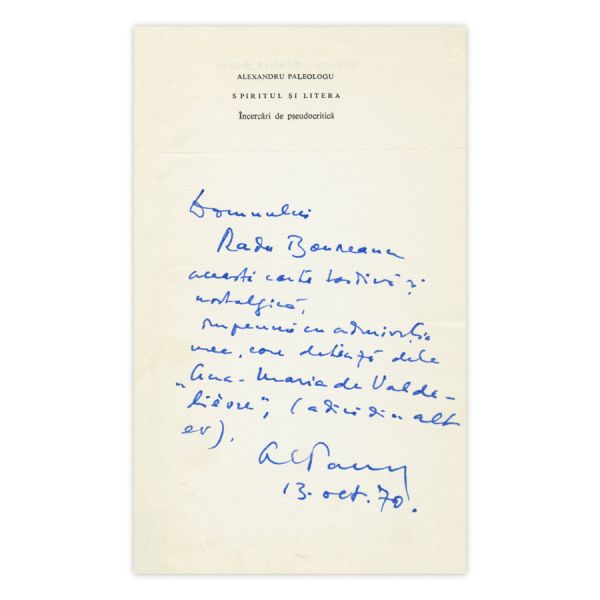 Alexandru Paleologu, Spiritul și litera, 1970, cu dedicație
