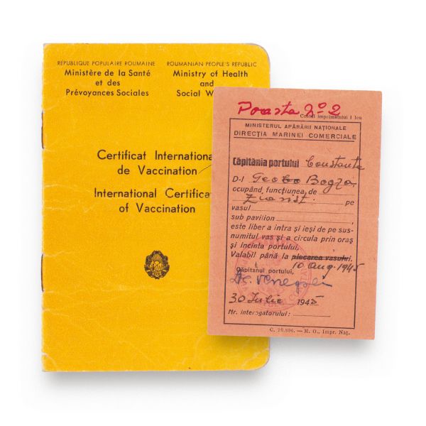 Geo Bogza, certificat internațional de vaccinare + permis de acces pe un vas, 1945-1961