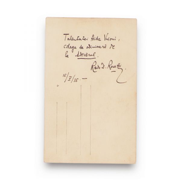 Radu D. Rosetti, fotografie tip carte poștală cu dedicație pentru scriitoarea Aida Vrioni, 1935