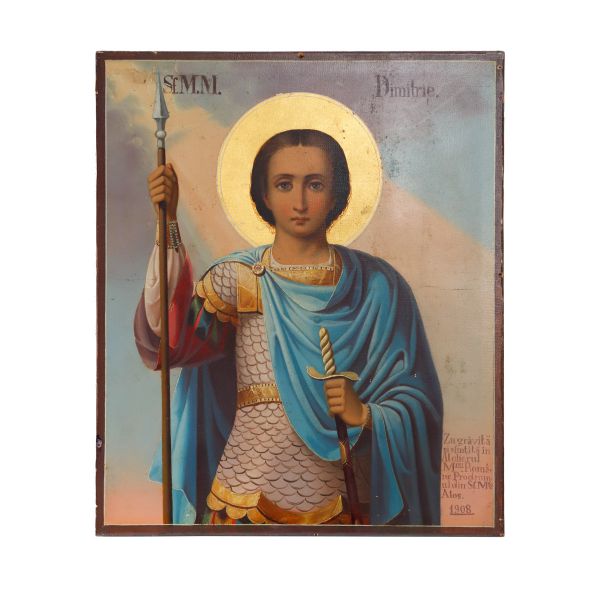 Sfântul Mare Mucenic Dimitrie - Izvoratorul de Mir,  icoană, pânză pe lemn, 1908 - Atelierul Mănăstirii Române Prodromul din Sfântul Munte Atos