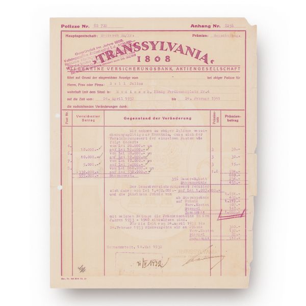 Societatea Generală de Asigurare „Dacia-România”, „Transsylvania 1868”, două polițe de asigurare 