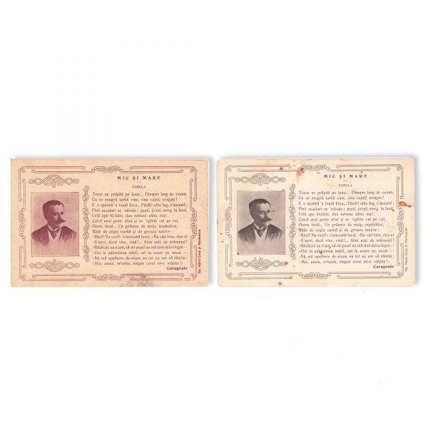 Șase cărți poștale cu fotografii și fragmente din operele lui I. L. Caragiale, M. Eminescu, Cincinat Pavelescu, Th. D. Speranția, G. Coșbuc