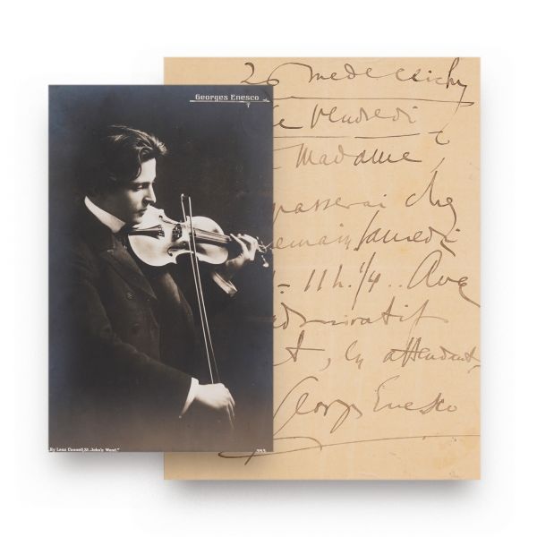 George Enescu, scrisoare olografă, 1912 + fotografie tip carte poștală