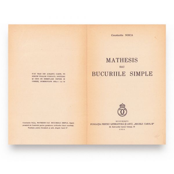 Constantin Noica, Mathesis sau bucuriile simple, 1934 + fotografie