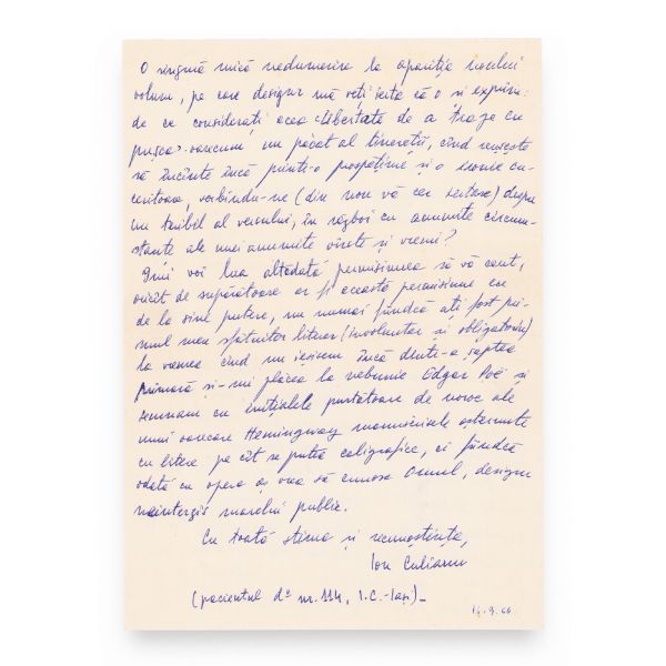 Ioan Petru Culianu, scrisoare pentru Geo Dumitrescu, 1966 + fragment din ziar