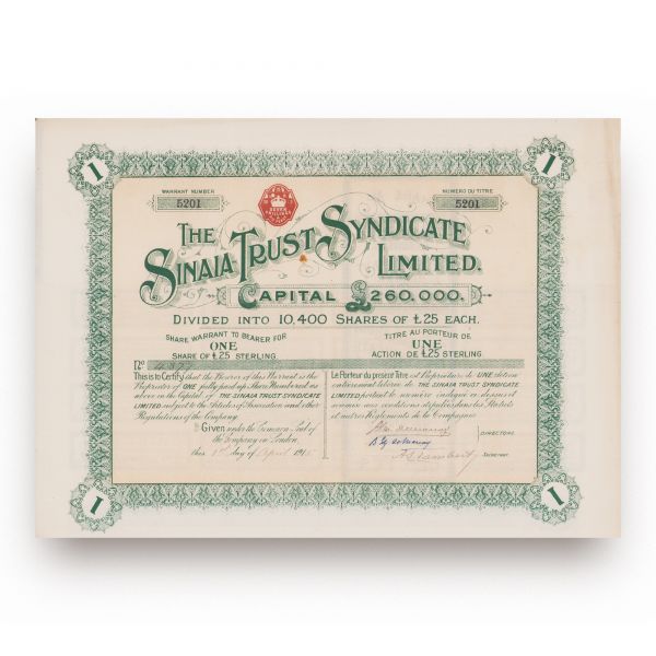 The Sinaia Trust Syndicate Limited, acțiune în valoare de 25 lire sterline