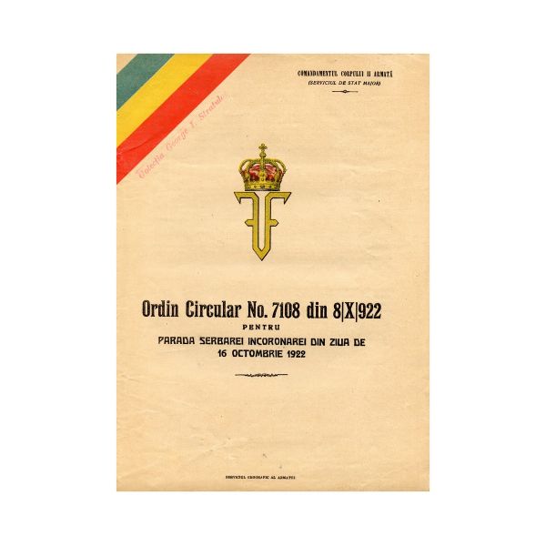 Încoronarea regelui Ferdinand I și a reginei Maria, ordin circular + discurs + bilet de trotuar + două fotografii tip carte poștală