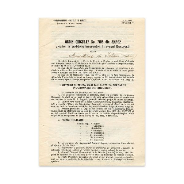 Încoronarea regelui Ferdinand I și a reginei Maria, ordin circular + discurs + bilet de trotuar + două fotografii tip carte poștală