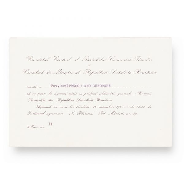 Uniunea Scriitorilor din România, carnet de vot + două invitații trimise lui Geo Dumitrescu, 1968 