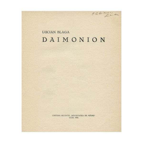 Lucian Blaga, Daimonion, 1930, cu dedicația autorului către Octav Șuluțiu