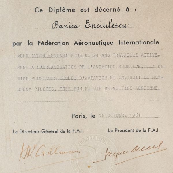 Fédération Aéronautique Internationale, diplomă pentru Banica Enciulescu, 18 octombrie 1961