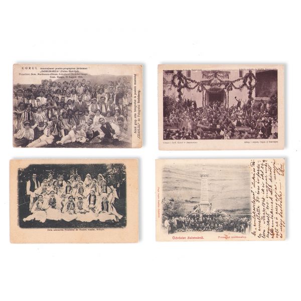 Corul Asociației „Îndrumarea”, ceremonie la monumentul de la Preszaka și alte adunări, patru fotografii tip carte poștală, perioada 1900-1906