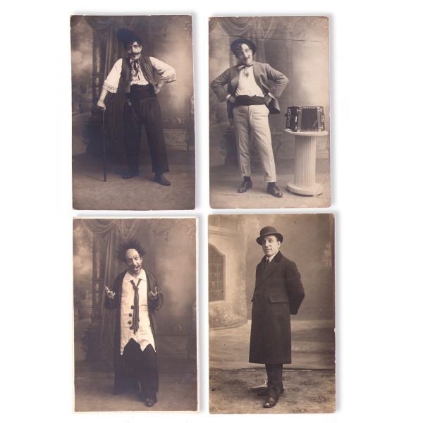 Actorul Constantin Tănase interpretând diverse roluri, patru fotografii tip carte poștală - foarte rare