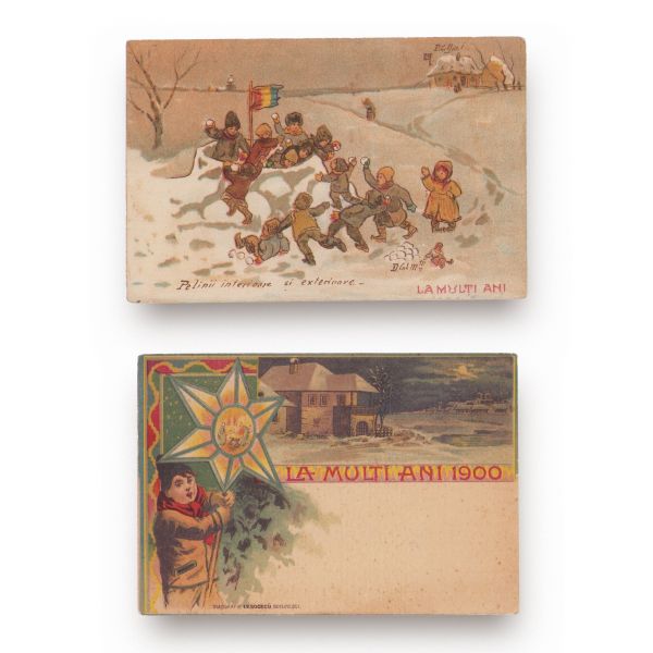 Sărbătorile de iarnă la români, patru cărți poștale ilustrate, cca. 1900 