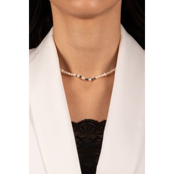 Colier cu perle naturale de apă dulce și diamante nerafinate