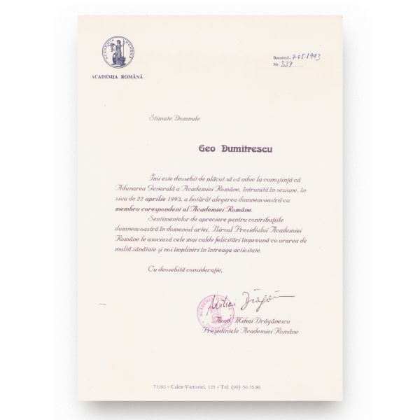 Geo Dumitrescu, adresă privind alegerea ca membru corespondent al Academiei Române, 07.05.1993