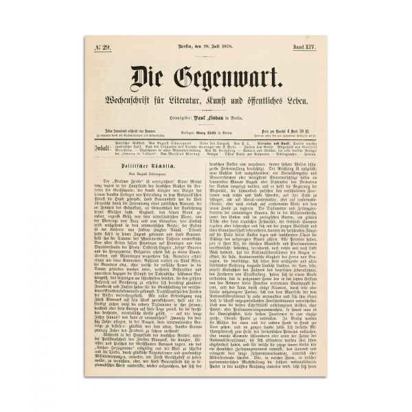 Publicația „Die Gegenwart”- prima traducere într-o limbă străină a lui M. Eminescu, realizată de regina Elisabeta a României