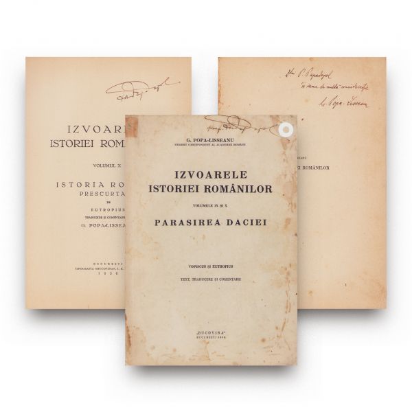 G. Popa-Lisseanu, Izvoarele istoriei românilor, 1936, două volume colligate, cu dedicație pentru Paul Papadopol 