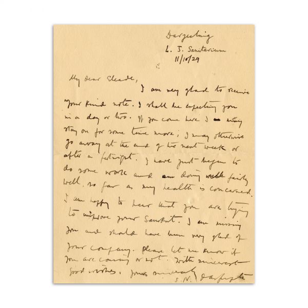 Mircea Eliade, scrisoare de la Surendranath Dasgupta, 11 Octombrie 1929